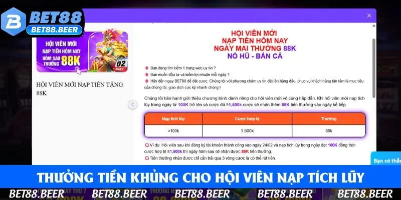 Thưởng tiền khủng cho hội viên nạp tích lũy Thưởng tiền khủng cho hội viên nạp tích lũy